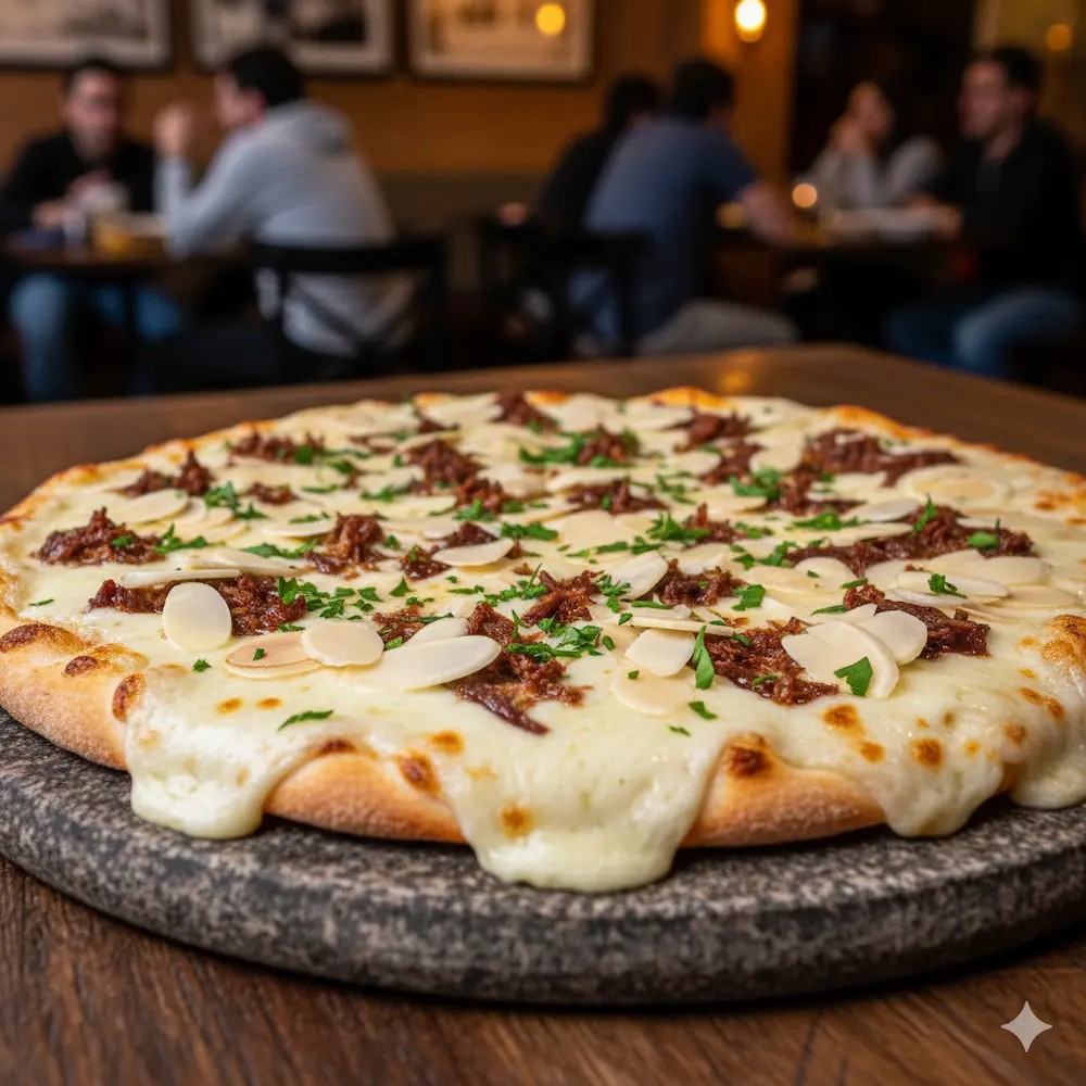 Pizza de pinhão com carne seca em restaurante de Cambará do Sul.